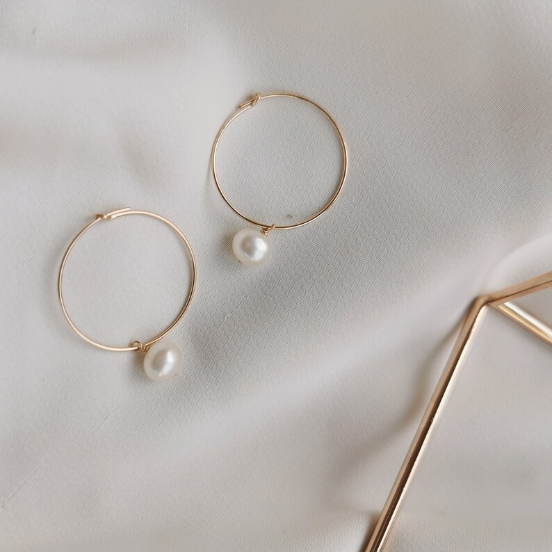 Small Pearl Drop Hoop Earrings, 14k Gold-filled or 925 Sterling Silver Hoops Freshwater 6mm White Pearl, Minimalist Elegant Hoops Julia image 8