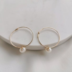 Small Pearl Drop Hoop Earrings, 14k Gold-filled or 925 Sterling Silver Hoops Freshwater 6mm White Pearl, Minimalist Elegant Hoops Julia image 5