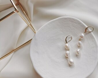 Freshwater Baroque Triple Pearl Drop Earrings, Long Drop Pearl Earrings with Gold Huggie Hoops (Irene)