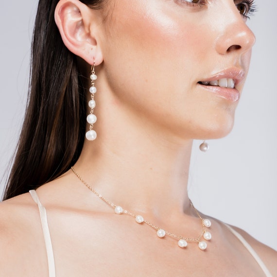 Near Round White Pearl Long Dangle Earrings, Various Size Pearl Drop Earrings, Bridal Pearl Set, 14k Gold-filled Sterling Silver (Elise)