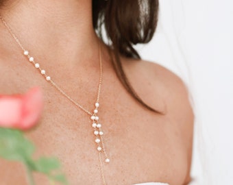 Small Freshwater Pearl Y Front Drop Necklace, Uneven Drop Length Necklace, Small Pearl Necklace, Bridal Necklace (Mira)