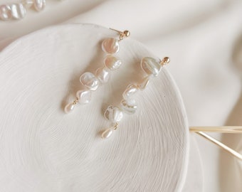 Wedding Pearl Earrings, Petal Shaped Keshi Pearl Earrings, Bridal Earrings, Dangling Pearl Earrings (Josie)