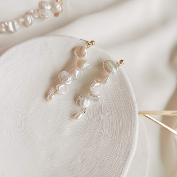 Wedding Pearl Earrings, Petal Shaped Keshi Pearl Earrings, Bridal Earrings, Dangling Pearl Earrings (Josie)