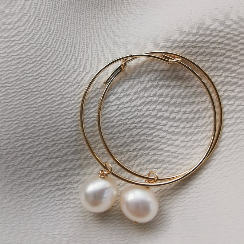 Small Pearl Drop Hoop Earrings, 14k Gold-filled or 925 Sterling Silver Hoops Freshwater 6mm White Pearl, Minimalist Elegant Hoops Julia image 4