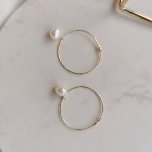 Small Pearl Drop Hoop Earrings, 14k Gold-filled or 925 Sterling Silver Hoops Freshwater 6mm White Pearl, Minimalist Elegant Hoops Julia image 7