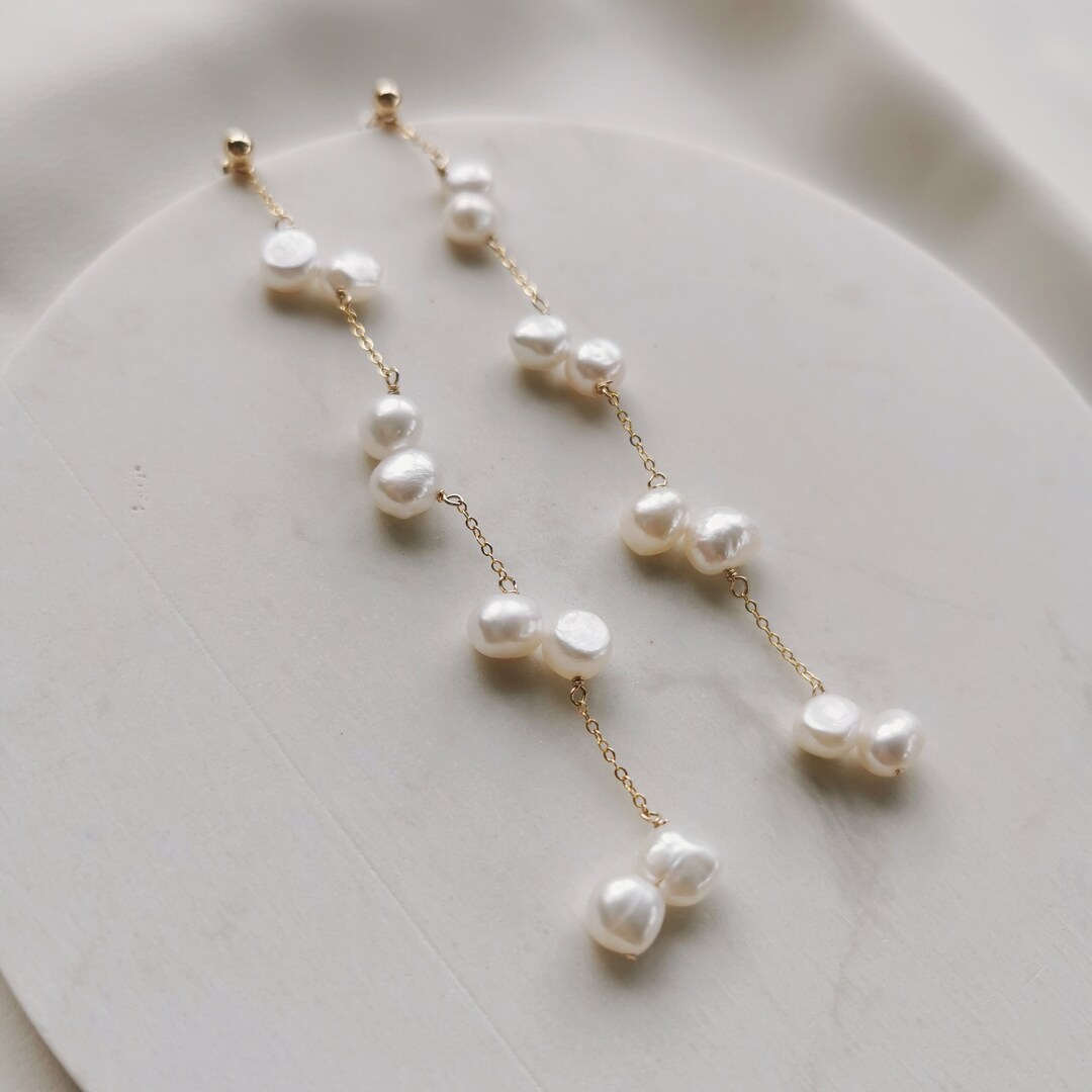 Long Dangle Chain Petal Pearl Earrings, 14k Gold Filled