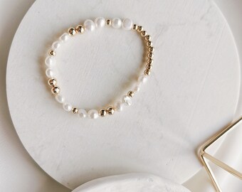 Pearl Beaded Elastic Bracelet, Small Freshwater Baroque Pearl & 14k Gold Filled or Sterling Silver Beaded Bracelet (Mae)