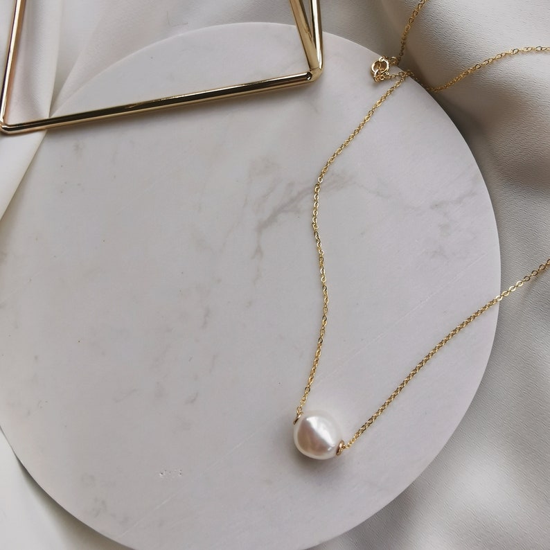 Floating Baroque Pearl Necklace, Freshwater 11mm Baroque Pearl 14k Gold-filled 925 Sterling Silver Cable Chain Necklace Erica II image 4