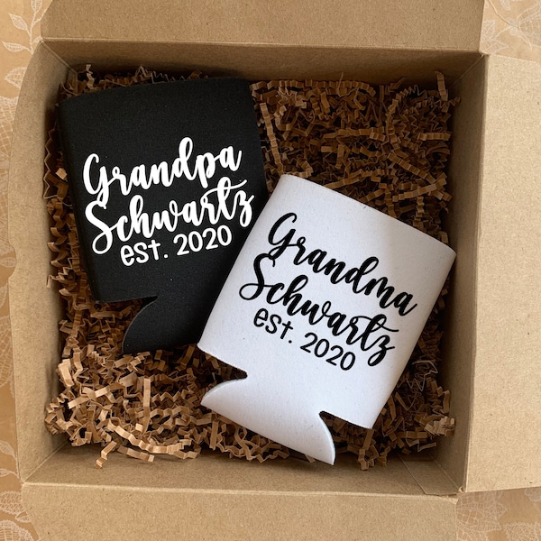 Grandma & Grandpa Can Cooler Set, Grandma Grandpa Established Gift, Grandparent Can Holders, Grandparent Gift, Future Grandparent Gift