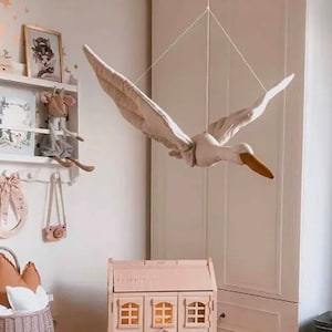 Flying Swan Nursery Mobile | Kids room hanging decor| nursery toy|Hanging bird mobile|Girls room |Kids decor|Linen stork|Hanging stork