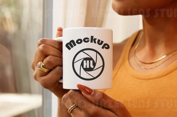 Black woman 11oz mug mockup, blank mug mock up with model, 11 ounce mug stock photo, white coffee cup mock up, 11oz cozy display cup