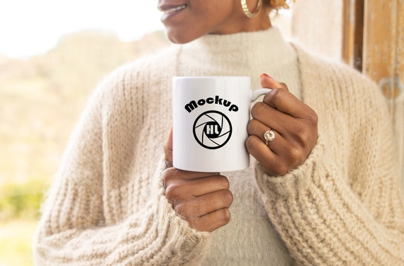 Black woman 11oz mug mockup, winter mug mock up, blank mug WOC model, 11 ounce mug stock photo, white coffee cup mock up, 11oz cozy display