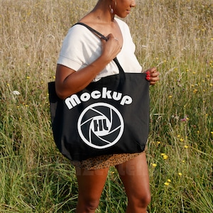 Large EC8001 tote mock-up with black woman, girl with big blank canvas bag mockup, tote summer lifestyle mock, black cotton tote psd mockups