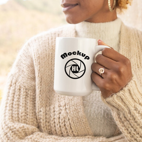 Black woman 15oz mug mockup, winter mug mock up, blank mug WOC model, 15 ounce mug stock photo, white coffee cup mock up, 15oz display mug,