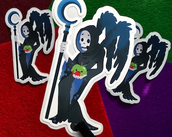 May include: Three black and blue stickers of a skeleton figure with wings holding a staff with a crescent moon on top and a green apple. The figure is wearing a black robe and has a skull face.