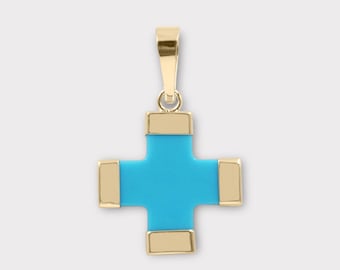 Turquoise Cross Pendant with 14K Gold Details, 12 × 12 mm