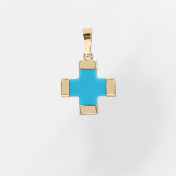 14K Gold Turquoise Cross Necklace 12mm - Handcrafted Greek Cross