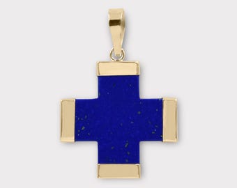 14K Gold Lapis Cross Pendant: Greek Royal Blue Charm
