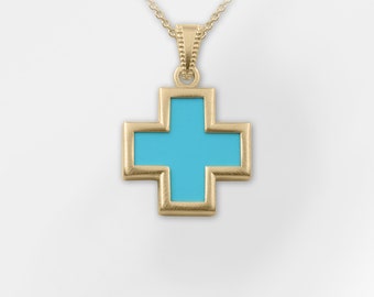 May include: A gold cross pendant with a light blue enamel center. The cross has a simple, elegant design.