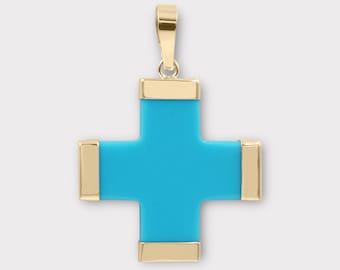 Turquoise Cross Pendant with 14K Gold Details, 18 × 18 mm