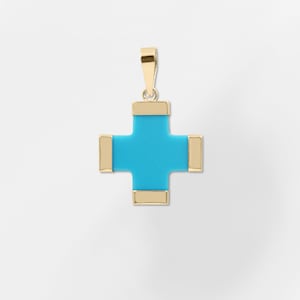 14K Yellow Solid Gold Turquoise Cross Pendant, Greek Cross Charm, Cross Necklace, Turquoise Cross Charm, 14mm Cross Charm