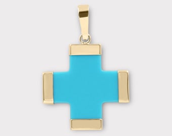Turquoise Cross Pendant with 14K Gold Details, 16 × 16 mm
