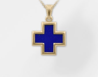 Greek Cross Necklace, Blue Cross Necklace, 18k Gold Plated Sterling Silver 925 Cross Necklace, Blue Lapis Cross