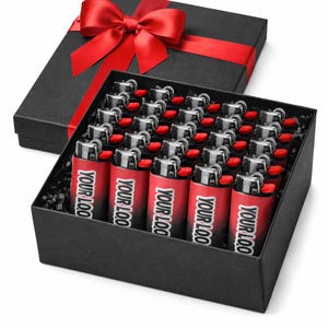 May include: A black gift box with a red satin bow contains a tray of red and black lighters. Each lighter has the text "YOUR LOO" printed on it. The box is on a white background.
