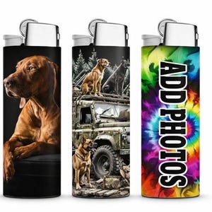 May include: Three lighters with unique designs. One features a brown dog on a black background. Another shows dogs on a vehicle in a forest setting. The third has a tie-dye pattern with the text "ADD PHOTOS".