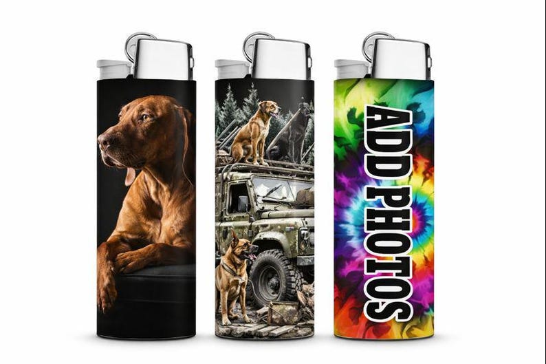 May include: Three lighters with unique designs. One features a brown dog on a black background. Another shows dogs on a vehicle in a forest setting. The third has a tie-dye pattern with the text "ADD PHOTOS".