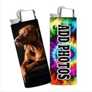 May include: Two lighters. One features a brown dog on a black background. The other has a tie-dye design in shades of green, blue, purple, and red, with the words "ADD PHOTOS" in white.