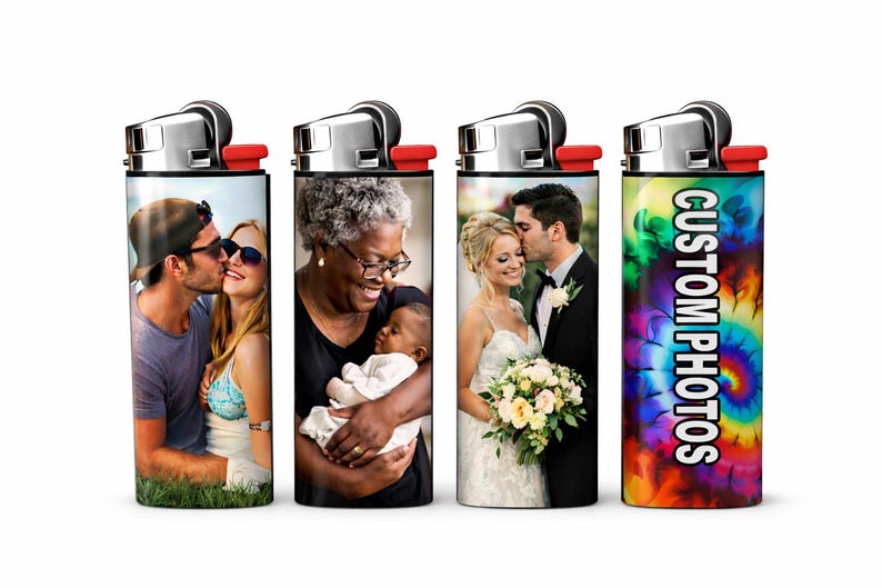 May include: Four custom lighters with silver tops and red accents. The lighters feature different images: a couple kissing, a woman holding a baby, a couple at a wedding, and a tie-dye design with the text "CUSTOM PHOTOS."