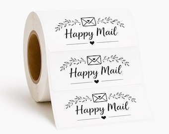 Happy Mail Labels | Thermal Shipping Labels 2.25" x 1.25" | Cute Small Business Packaging Stickers | Custom Text or Logo | 100–500 Pack