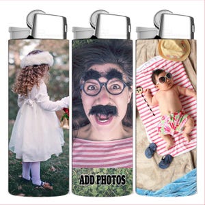 May include: Three refillable lighters with different photo designs. One lighter features a young girl in a white dress, another has a person wearing a fake mustache and glasses, and the third shows a baby in sunglasses.