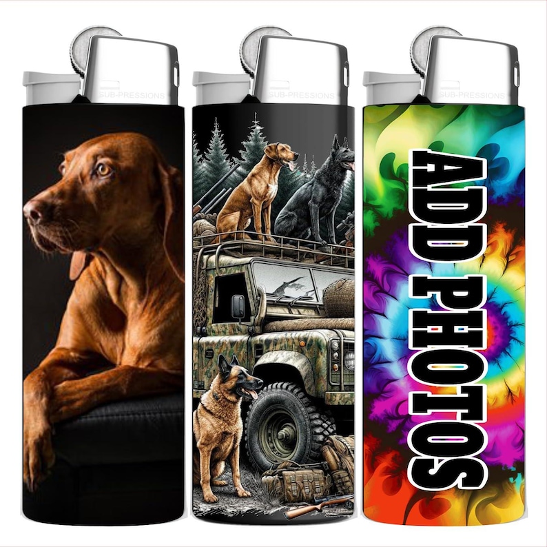 May include: Three lighters with different designs. One features a brown dog on a black background. The second has a camouflage jeep with two dogs on top and one in front. The third has a colorful tie-dye pattern with the words "ADD PHOTOS".
