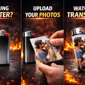 May include: A series of images showing a black and silver lighter with the text "BORING LIGHTER?" and the phrase "UPLOAD YOUR PHOTOS". The lighter is shown with a photo being applied, and then with the photo printed on the lighter. The phrase "WATCH IT TRANSFORM" is also shown.