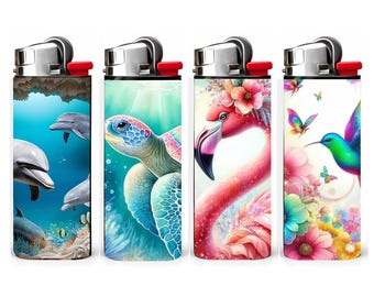 Animals 4 Pack Lighter Wrap Stickers – Animals Gift – Fits Standard Bic Classic Lighters – Laminated Decals