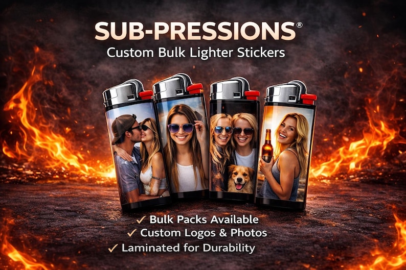 May include: Four custom lighter stickers with photos of people. The lighters have a black body, silver top, and red ignition button. Text at the top says "SUB-PRESSIONS Custom Bulk Lighter Stickers". The bottom of the image says "Bulk Packs Available, Custom Logos & Photos, Laminated for Durability".