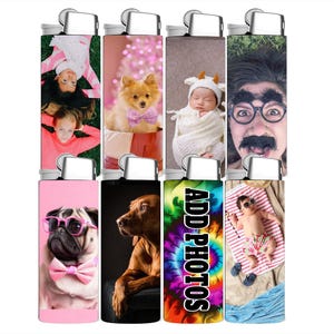 May include: A collection of eight lighters with various designs. The designs include photos of people, pets, and a tie-dye pattern with the text "ADD PHOTOS". Each lighter has a silver metal top.