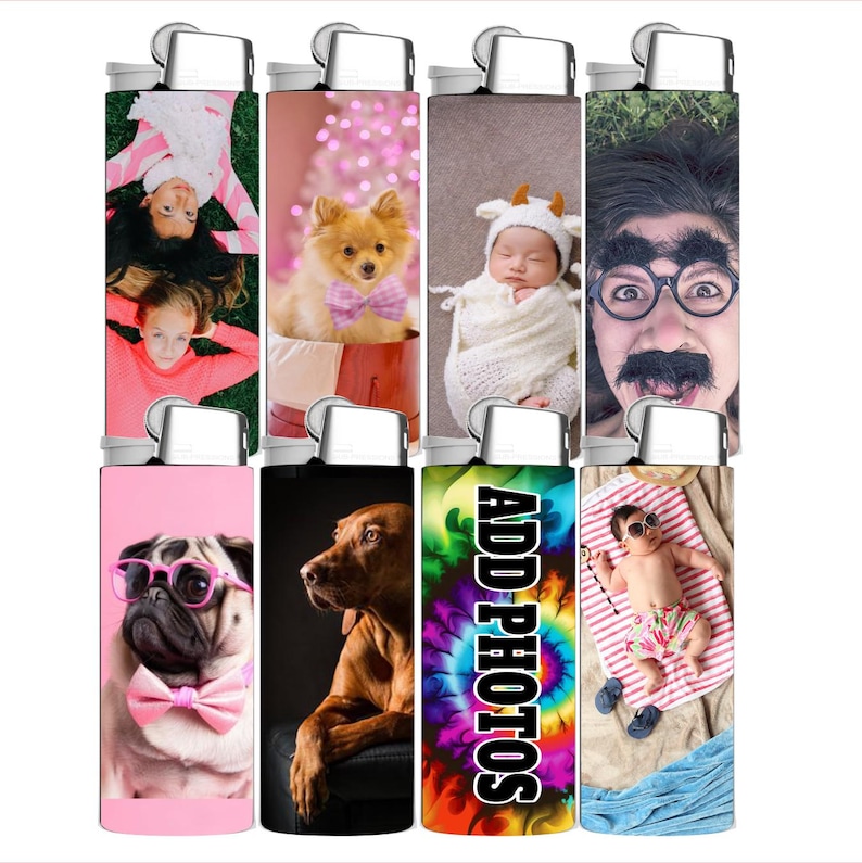 May include: A collection of eight lighters with various designs. The designs include photos of people, pets, and a tie-dye pattern with the text "ADD PHOTOS". Each lighter has a silver metal top.