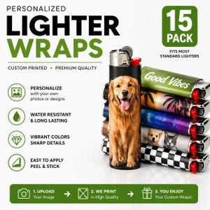 May include: A stack of personalized lighter wraps with various designs, including a golden retriever, palm trees, and a galaxy pattern. The text reads "PERSONALIZED LIGHTER WRAPS" and "15 PACK". The wraps are custom printed and water resistant.