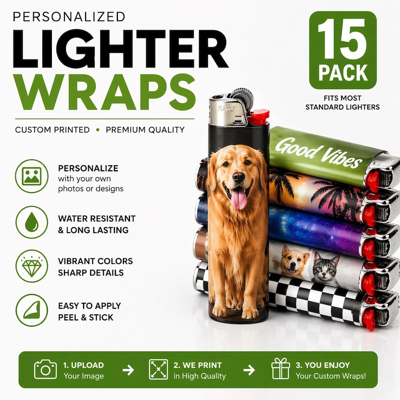May include: A stack of personalized lighter wraps with various designs, including a golden retriever, palm trees, and a galaxy pattern. The text reads "PERSONALIZED LIGHTER WRAPS" and "15 PACK". The wraps are custom printed and water resistant.