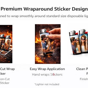 May include: Customizable wrap-around stickers for standard disposable lighters. The image shows several lighters with personalized photos, including couples and groups of friends. The design promises a precision-cut wrap for easy application and a clean, professional finish.