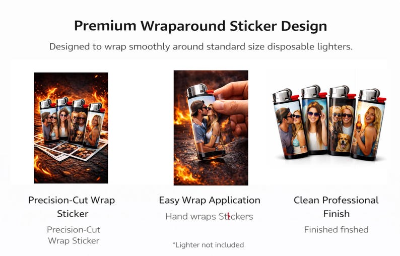May include: Customizable wrap-around stickers for standard disposable lighters. The image shows several lighters with personalized photos, including couples and groups of friends. The design promises a precision-cut wrap for easy application and a clean, professional finish.