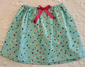 Turquoise Confetti Skirt: Girls Cotton Spring Skirt with Pink Ribbon