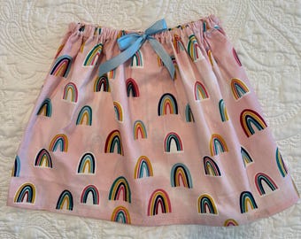 Rainbow Girls Skirt: Pink Cotton, Blue Ribbon Bow