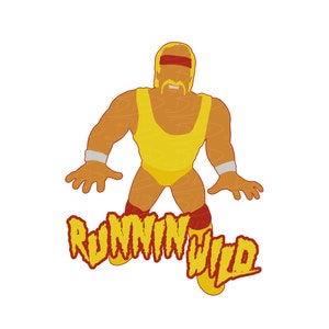 Puede incluir: Una ilustración amarilla y roja de un luchador con el texto "Running Wild" debajo.