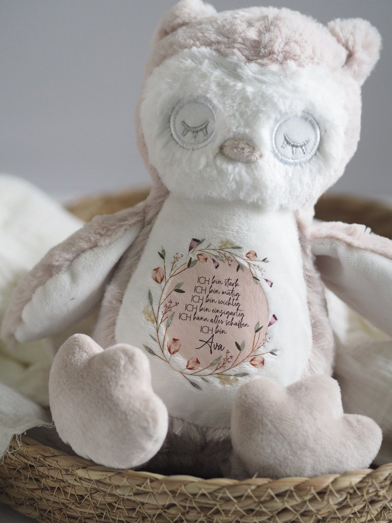 personalisiertes Plüschtier Kuscheltier Geschenk Einschulung Geschenk für Kinder Eule, Faultier oder Hase Affirmation Bild 3