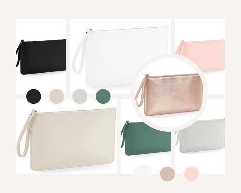 Pode incluir: Um conjunto de nove clutches em v&aacute;rias cores, incluindo preto, branco, bege, cinza, verde e ouro rosa. As bolsas t&ecirc;m um design simples e retangular com fecho de correr e uma al&ccedil;a de pulso.