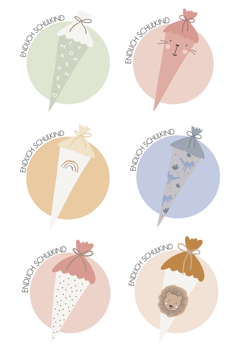 May include: Six different school cones with various designs. The cones are decorated with a cat, a rainbow, dinosaurs, polka dots, and a lion. Each cone has a tag that says "Endlich Schulkind" which translates to "Finally School Child" in English.